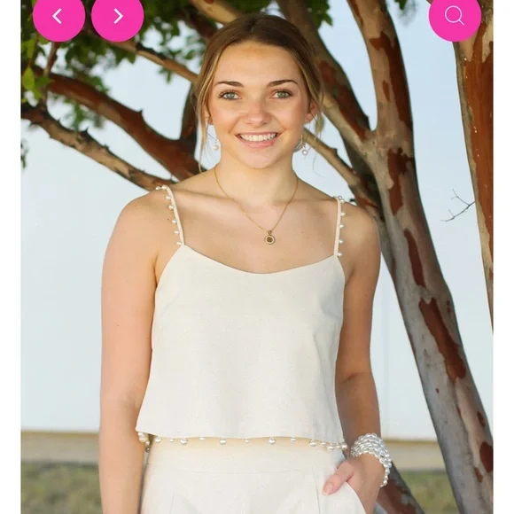 Pearl Details Cropped Top Beige Linen Straps Medium - Picture 1 of 10